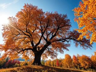 Fototapeta premium Autumn Tree Silhouette with Sunlight Streaks