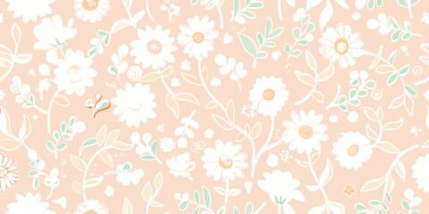 Seamless floral pattern featuring vintage flowers, leaves, and ornate botanical elements perfect for textile design, wallpaper, or nature-inspired decoration
