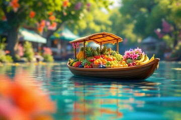 Obraz premium Fruit Boat on Calm Water: A Vibrant Scene