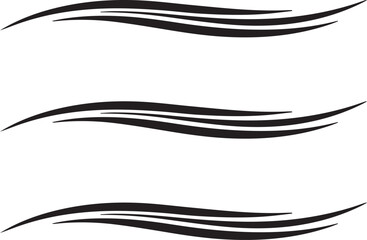 Flowing Swish Line Design Elements. Three parallel sets of elegant, swooping black lines create decorative, wavy design elements on a vector white background.