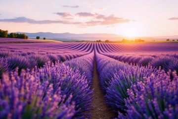 Obraz premium Lavender Sunset: Rows of Purple Flowers at Golden Hour