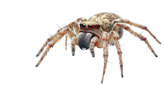 Jumping spider on transparent background showing fangs and red eyes