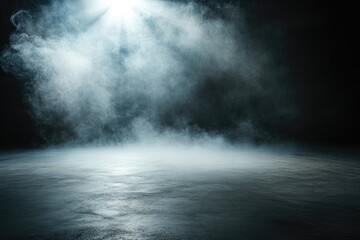 A bright spotlight illuminates a dark, smoky, textured floor, creating a dramatic, atmospheric scene
