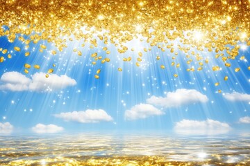 Golden coins raining down on a bright sky