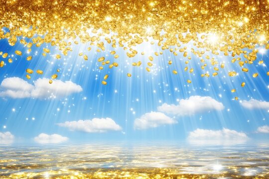 Golden coins raining down on a bright sky