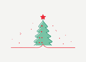 Minimalist Christmas Tree Illustration with Star and Snowflakes on Blue Background