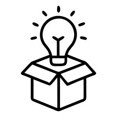 A lightbulb with rays emanating from it sitting inside of an open cardboard box on transparent background