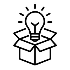 A lightbulb with radiating lines sitting in an open box in a black and white design on transparent background