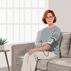Woman checking blood pressure at home, flat vector illustration.