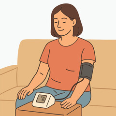 A woman using a home blood pressure machine.
