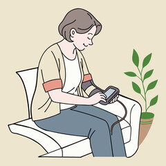 A woman measuring blood pressure sitting on a chair.