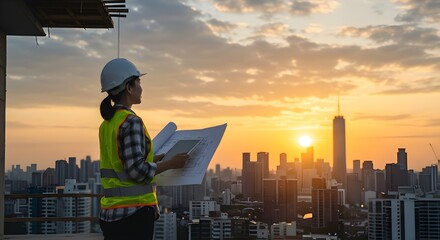 Architect in the Cityscape: An architect stands on a building, holding blueprints, overlooking the urban landscape during sunset, symbolizing ambition and meticulous planning.