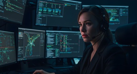 Code Mastery: A focused individual navigates an array of digital displays, her gaze intent on intricate code. This image encapsulates the focus and precision of cybersecurity.