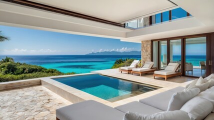 Fototapeta premium Luxury resort swimming pool with tropical blue water, palm trees, and a summer sky view for a relaxing hotel vacation