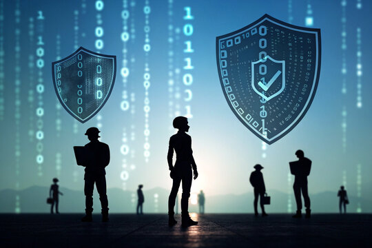 Cyber Security Team Silhouette with Digital Shield and Binary Code Background