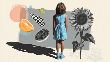 Girl growing through a sunflower of courage in a surreal collage style