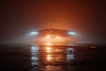 Naklejka premium Massive starship nears Io’s volcanic crust under glowing lava and eruptions