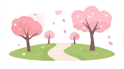 Cartoon landscape with blossoming trees, curved path, and heart accents