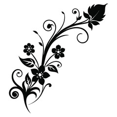 Elegant Floral Silhouette Black and White Vector Illustration of Flowers and Swirls, Perfect for Design Projects