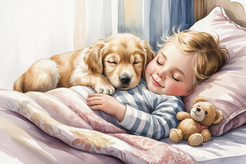 Watercolor Painting of Sleeping Girl with Golden Retriever Puppy and Teddy Bear in Bed