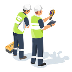 Maintenance technician using thermal scanner to inspect industrial equipment while another technician observes and prepares tools on white background