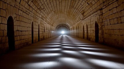Fototapeta premium Bright light at the end of a dark tunnel creates a sense of hope and direction