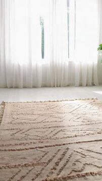 Bright minimalist living room featuring patterned rug, beige futon with pillows and blanket, and potted Monstera plant near the sheer window curtain.