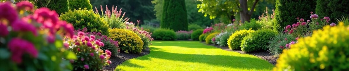 Landscapers expertly plant diverse shrubs and flowering plants, creating a vibrant, lush garden scene Sunlight bathes the colorful blooms and healthy greenery , vegetation, summer