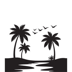 Silhouette of tropical landscape with palm trees and flying birds on a white background