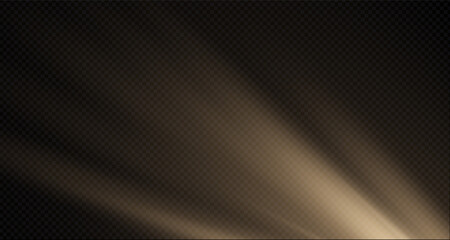 Obraz premium Sunlight effect on transparent background. Golden rays with luminous particles. Soft golden sun rays with glare. Light on the podium. Bright flash. Vector illustration.