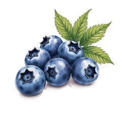 Colorful illustration of Blueberries with green leaves in sketch style on white background