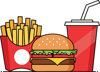 Flat Vector Fast Food Combo with Burger, Fries, and Soda in Red Packaging