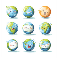 Cute earth character smile emotions set transparent background
