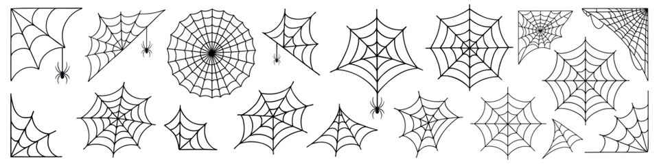 Obraz premium Cobweb, web, icons set. Cobweb, insect trap, outline symbols, pack. Halloween, isolated outline vector illustrations