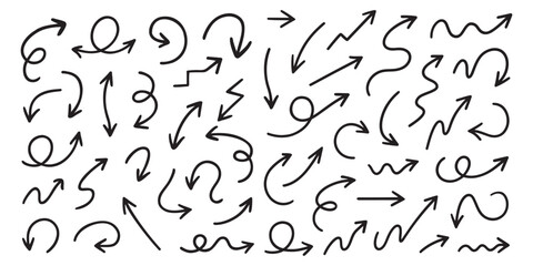Set of vector hand drawn arrow icons. Set of black arrow icons. Circular arrows, arrow rotation, process repeat symbol.