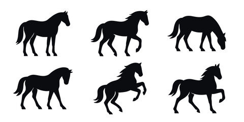 Set of horse silhouette animal set isolated on white background. Black horses graphic element icon vector illustration.