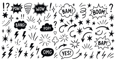 Hand drawn set of comics bombs and explosions. Speech bubbles with words pow, wow, bang and boom. Vector doodle illustration © dariachekman