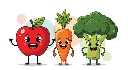 Happy Apple, Carrot, and Broccoli Cartoon Characters