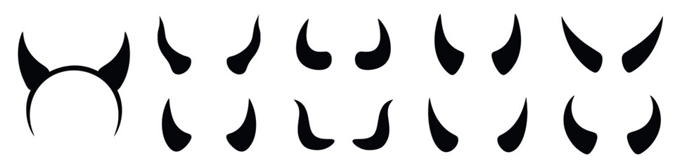 Fototapeta premium Set of black silhouettes of horns with curved shape. Halloween. Isolated on white background.