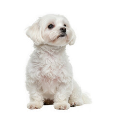Sitting fluffy white dog looking up on transparent background