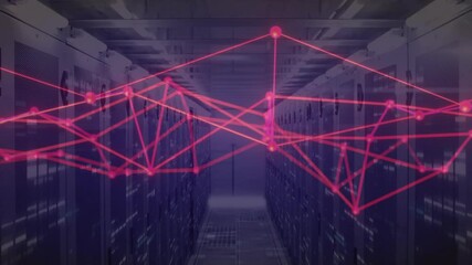 Glowing pink network graph appearing between server racks, brightening, shifting to show data flow - Powered by Adobe