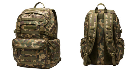 Back to Back Backpacks with Camo Accents, isolated on white or transparent background. PNG