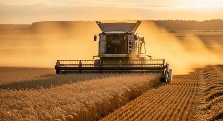 Farmer harvesting golden wheat at sunset using a combine harvester, dust clouds rising, sun rays piercing through the haze