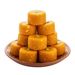 Stack of motichoor ladoos on plate on transparent background