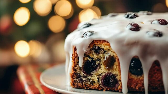 Festive fruitcake with icing and berries, holiday lights bokeh