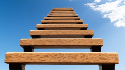 Wooden staircase ascending towards a bright blue sky with scattered clouds