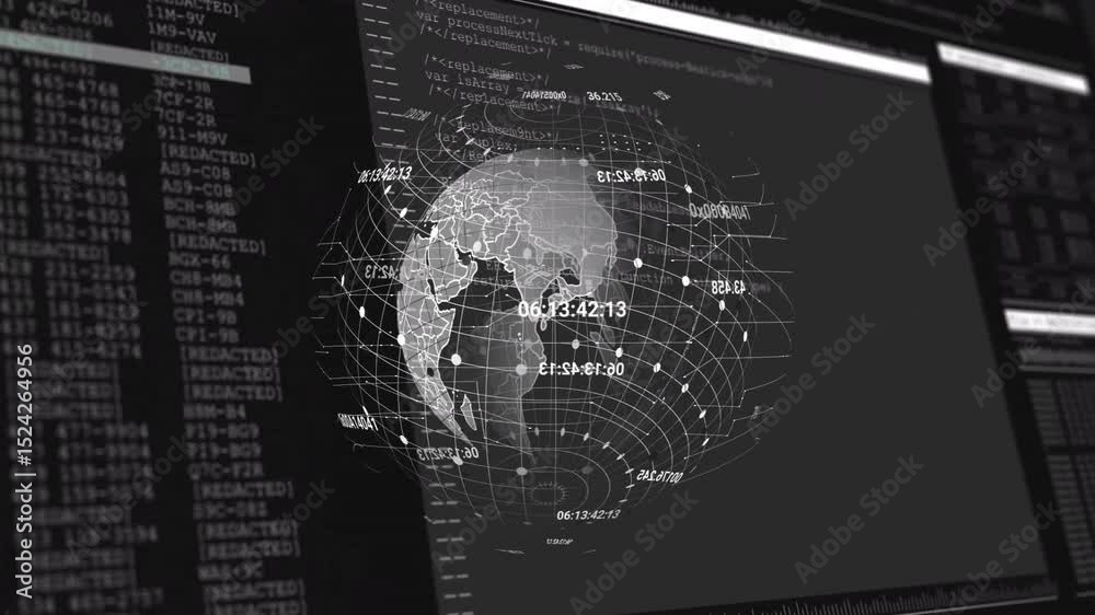 Poster dark frame starting 3d wireframe globe morphing into outlines, floating nodes showing global data