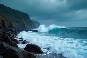 Dramatic waves crashing against a rocky shoreline during a powerful storm, sea foam surging, dramatic coastal scenery , light, movement, color