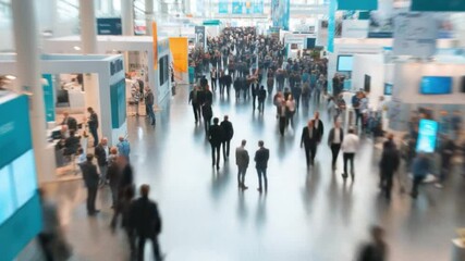 Dynamic Business Hub: A bustling scene of people converges within a modern convention center, where professionals connect, ideas flourish, and the business world thrives. - Powered by Adobe