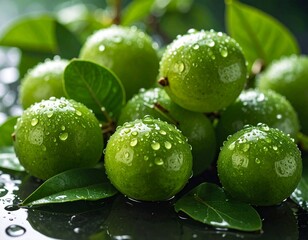 Clustered translucent glass mamoncillo fruits glowing softly in pale green with crystalline surfaces
